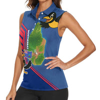 Montserrat Women Sleeveless Polo Shirt with Cartoon Bird and Island Map Blue Red Stripe Design - Wonder Print Shop