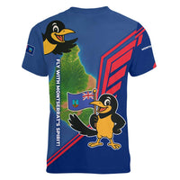 Montserrat Women V-Neck T-Shirt with Cartoon Bird and Island Map Blue Red Stripe Design - Wonder Print Shop