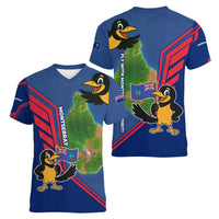 Montserrat Women V-Neck T-Shirt with Cartoon Bird and Island Map Blue Red Stripe Design - Wonder Print Shop