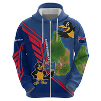 Montserrat Zip Hoodie with Cartoon Bird and Island Map Blue Red Stripe Design - Wonder Print Shop