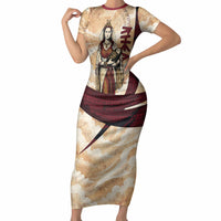 Rhea Titan Queen Mother Gods Short Sleeve Bodycon Dress Goddess Rhea Throne Lions Greek Key Art
