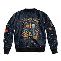 Happy to See Your Face Teacher School Supplies Sleeve Zip Bomber Jacket Welcome Back Teacher You Belong Here