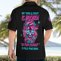 Black short-sleeve button-up Hawaiian shirt with neon skull back graphic and text