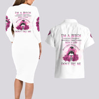 I'm A B Don't Try Me Rose Messy Bun Couples Matching Long Sleeve Bodycon Dress and Hawaiian Shirt - Wonder Print Shop