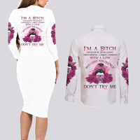 I'm A B Don't Try Me Rose Messy Bun Couples Matching Long Sleeve Bodycon Dress and Long Sleeve Button Shirt - Wonder Print Shop