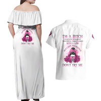 I'm A B Don't Try Me Rose Messy Bun Couples Matching Off Shoulder Maxi Dress and Hawaiian Shirt - Wonder Print Shop