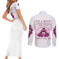 I'm A B Don't Try Me Rose Messy Bun Couples Matching Short Sleeve Bodycon Dress and Long Sleeve Button Shirt - Wonder Print Shop