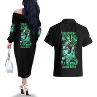 I'm Never Alone Skull Reaper Couples Matching Off The Shoulder Long Sleeve Dress and Hawaiian Shirt - Wonder Print Shop