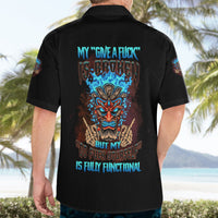 Black Hawaiian shirt back with large tiki skull graphic and colorful lettering