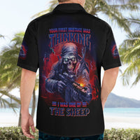 Black short-sleeve button-up shirt with back skull-and-gun graphic and red-blue text