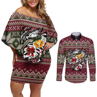 Skeleton Candy Cane Christmas Couples Matching Off Shoulder Short Dress and Long Sleeve Button Shirt Xmas Holiday Patterns - Wonder Print Shop