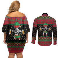 The Beer Lover Elf Christmas Couples Matching Off Shoulder Short Dress and Long Sleeve Button Shirt Xmas Holiday Patterns - Wonder Print Shop