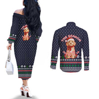 The Season To Be Jolly Goldendoodle Christmas Couples Matching Off The Shoulder Long Sleeve Dress and Long Sleeve Button Shirt Xmas Holiday Patterns - Wonder Print Shop