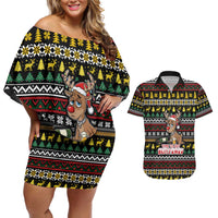 Time To Get Blitzened Christmas Couples Matching Off Shoulder Short Dress and Hawaiian Shirt Xmas Holiday Patterns - Wonder Print Shop