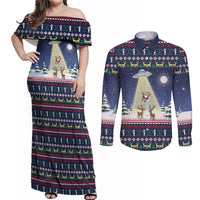 Christmas Alien Pattern with UFO Abduction of Santa Reindeer Snowy Forest Couples Matching Off Shoulder Maxi Dress and Long Sleeve Button Shirt Xmas Holiday Patterns - Wonder Print Shop