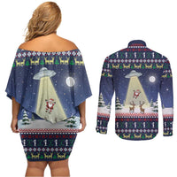 Christmas Alien Pattern with UFO Abduction of Santa Reindeer Snowy Forest Couples Matching Off Shoulder Short Dress and Long Sleeve Button Shirt Xmas Holiday Patterns - Wonder Print Shop