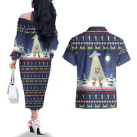 Christmas Alien Pattern with UFO Abduction of Santa Reindeer Snowy Forest Couples Matching Off The Shoulder Long Sleeve Dress and Hawaiian Shirt Xmas Holiday Patterns - Wonder Print Shop