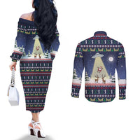 Christmas Alien Pattern with UFO Abduction of Santa Reindeer Snowy Forest Couples Matching Off The Shoulder Long Sleeve Dress and Long Sleeve Button Shirt Xmas Holiday Patterns - Wonder Print Shop