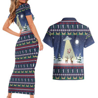 Christmas Alien Pattern with UFO Abduction of Santa Reindeer Snowy Forest Couples Matching Short Sleeve Bodycon Dress and Hawaiian Shirt Xmas Holiday Patterns - Wonder Print Shop