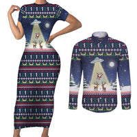 Christmas Alien Pattern with UFO Abduction of Santa Reindeer Snowy Forest Couples Matching Short Sleeve Bodycon Dress and Long Sleeve Button Shirt Xmas Holiday Patterns - Wonder Print Shop