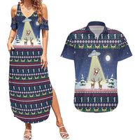 Christmas Alien Pattern with UFO Abduction of Santa Reindeer Snowy Forest Couples Matching Summer Maxi Dress and Hawaiian Shirt Xmas Holiday Patterns - Wonder Print Shop