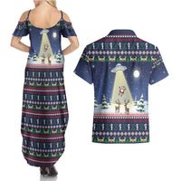Christmas Alien Pattern with UFO Abduction of Santa Reindeer Snowy Forest Couples Matching Summer Maxi Dress and Hawaiian Shirt Xmas Holiday Patterns - Wonder Print Shop