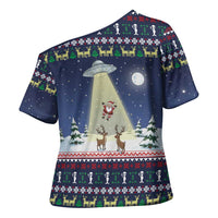 Christmas Alien Pattern with UFO Abduction of Santa Reindeer Snowy Forest Cross Shoulder Shirt Xmas Holiday Patterns - Wonder Print Shop