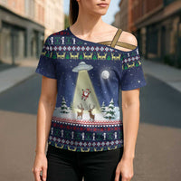 Christmas Alien Pattern with UFO Abduction of Santa Reindeer Snowy Forest Cross Shoulder Shirt Xmas Holiday Patterns - Wonder Print Shop