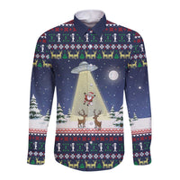 Christmas Alien Pattern with UFO Abduction of Santa Reindeer Snowy Forest Long Sleeve Button Shirt Xmas Holiday Patterns - Wonder Print Shop
