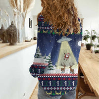 Christmas Alien Pattern with UFO Abduction of Santa Reindeer Snowy Forest Women Casual Shirt Xmas Holiday Patterns - Wonder Print Shop