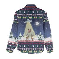 Christmas Alien Pattern with UFO Abduction of Santa Reindeer Snowy Forest Women Casual Shirt Xmas Holiday Patterns - Wonder Print Shop