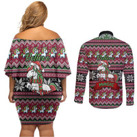 Unicorn Believe In The Magic Christmas Couples Matching Off Shoulder Short Dress and Long Sleeve Button Shirt Xmas Holiday Patterns - Wonder Print Shop