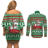 Unicorn Festive Fabulous Christmas Couples Matching Off Shoulder Short Dress and Long Sleeve Button Shirt Xmas Holiday Patterns - Wonder Print Shop