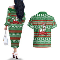 Unicorn Festive Fabulous Christmas Couples Matching Off The Shoulder Long Sleeve Dress and Hawaiian Shirt Xmas Holiday Patterns - Wonder Print Shop