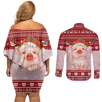 Lovely Pig Merry Christmas Couples Matching Off Shoulder Short Dress and Long Sleeve Button Shirt Xmas Holiday Patterns - Wonder Print Shop