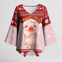 Lovely Pig Merry Christmas Kimono Sleeve Blouse Xmas Holiday Patterns - Wonder Print Shop
