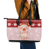 Lovely Pig Merry Christmas Leather Tote Bag Xmas Holiday Patterns - Wonder Print Shop