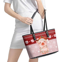 Lovely Pig Merry Christmas Leather Tote Bag Xmas Holiday Patterns - Wonder Print Shop