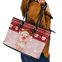 Lovely Pig Merry Christmas Leather Tote Bag Xmas Holiday Patterns - Wonder Print Shop