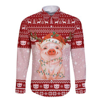 Lovely Pig Merry Christmas Long Sleeve Button Shirt Xmas Holiday Patterns - Wonder Print Shop