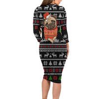 Lovely Pug Dog Christmas Family Matching Long Sleeve Bodycon Dress and Hawaiian Shirt Xmas Holiday Patterns - Wonder Print Shop