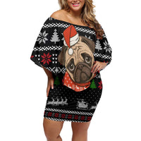 Lovely Pug Dog Christmas Family Matching Off Shoulder Short Dress and Hawaiian Shirt Xmas Holiday Patterns - Wonder Print Shop