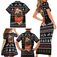 Lovely Pug Dog Christmas Family Matching Short Sleeve Bodycon Dress and Hawaiian Shirt Xmas Holiday Patterns - Wonder Print Shop