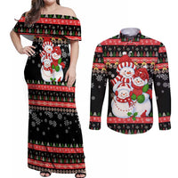 Lovely Snowman Christmas Couples Matching Off Shoulder Maxi Dress and Long Sleeve Button Shirt Xmas Holiday Patterns - Wonder Print Shop