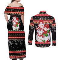 Lovely Snowman Christmas Couples Matching Off Shoulder Maxi Dress and Long Sleeve Button Shirt Xmas Holiday Patterns - Wonder Print Shop