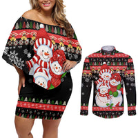 Lovely Snowman Christmas Couples Matching Off Shoulder Short Dress and Long Sleeve Button Shirt Xmas Holiday Patterns - Wonder Print Shop