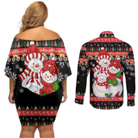 Lovely Snowman Christmas Couples Matching Off Shoulder Short Dress and Long Sleeve Button Shirt Xmas Holiday Patterns - Wonder Print Shop