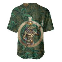 Sobek Crocodile Warrior Baseball Jersey with Ankh Ancient Egyptian Motif in Emerald