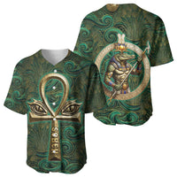Sobek Crocodile Warrior Baseball Jersey with Ankh Ancient Egyptian Motif in Emerald