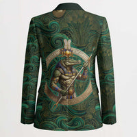 Sobek Crocodile Warrior Blazer with Ankh Ancient Egyptian Motif in Emerald
